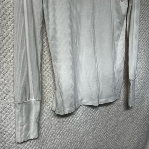LOFT Ribbed Long Sleeve Top with Button Accents Soft White V Neck Medium - Picture 8 of 9